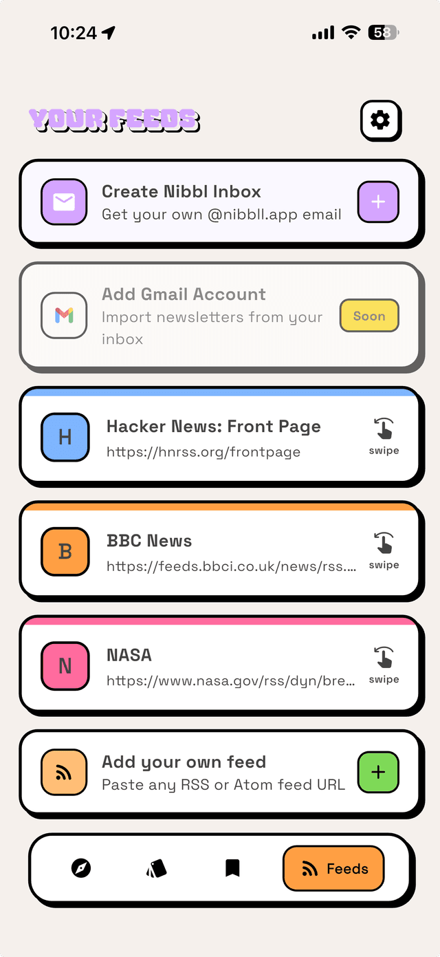 Nibbl Discover screen showing options to create a Nibbl Inbox, add RSS feeds, and browse curated categories like Tech & Startups
