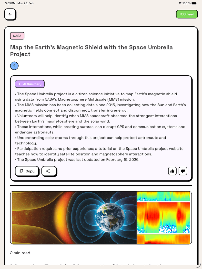 Nibbl AI Summary view on iPad showing a summarized NASA article with key bullet points