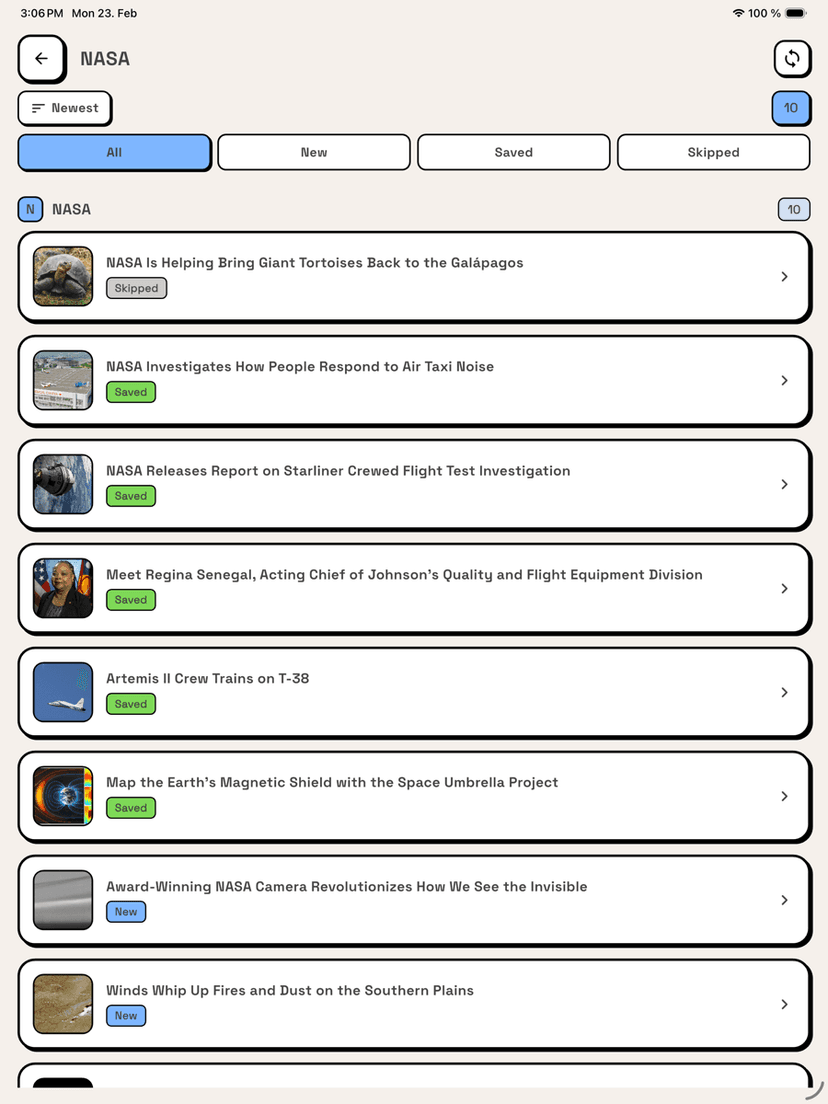 Nibbl feed list view on iPad showing NASA articles with saved and skipped status badges