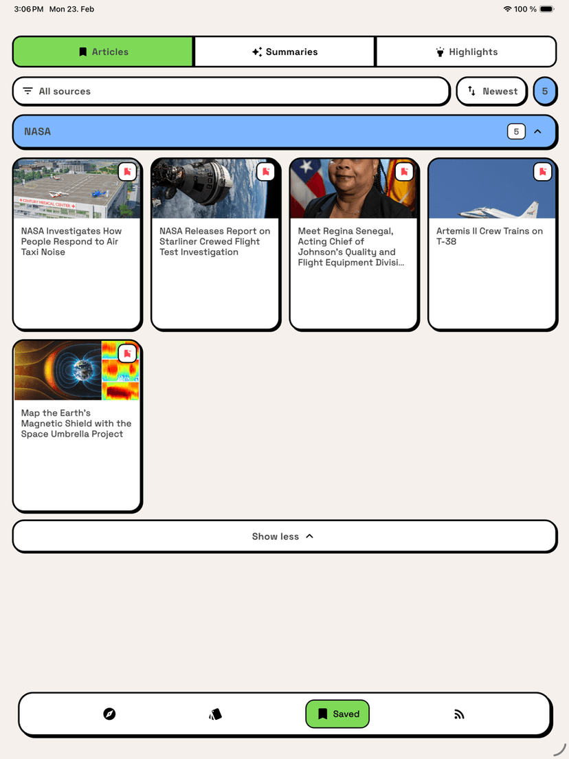 Nibbl Saved articles grid view on iPad showing saved NASA articles with thumbnails